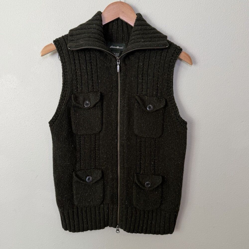 Vtg Eddie Bauer Angora Zip Up Sweater Vest Green Tweed Gorpcore Granola Women M
